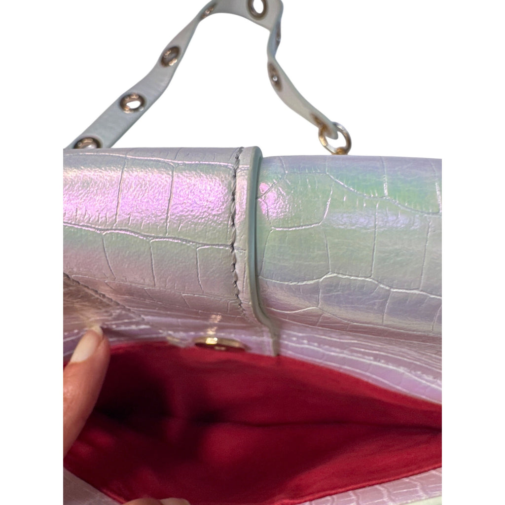 Sharif Iridescent Croc-Embossed Crossbody Bag With Gold Hardware & Red Interior