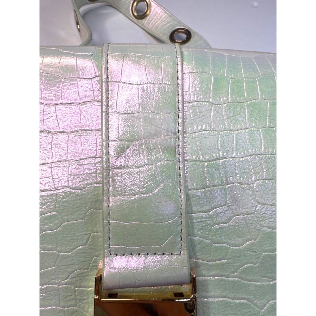Sharif Iridescent Croc-Embossed Crossbody Bag With Gold Hardware & Red Interior