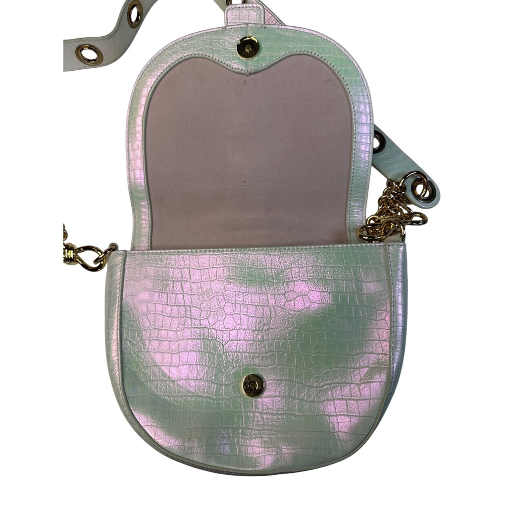 Sharif Iridescent Croc-Embossed Crossbody Bag With Gold Hardware & Red Interior