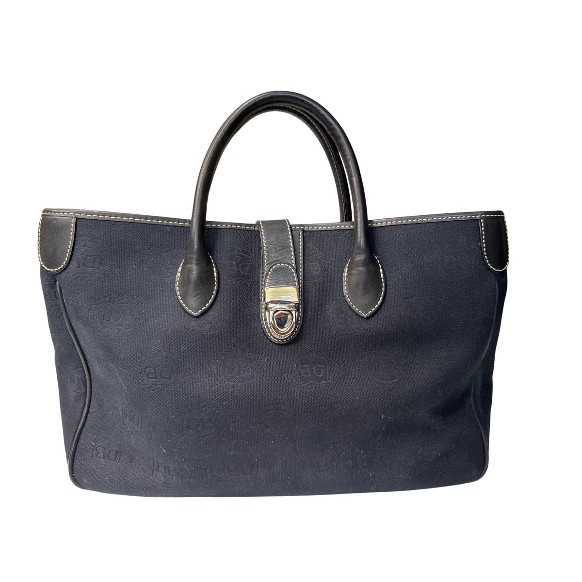 Dooney & Bourke Black Monogram Canvas Tote Bag With Leather Trim & Top Handle