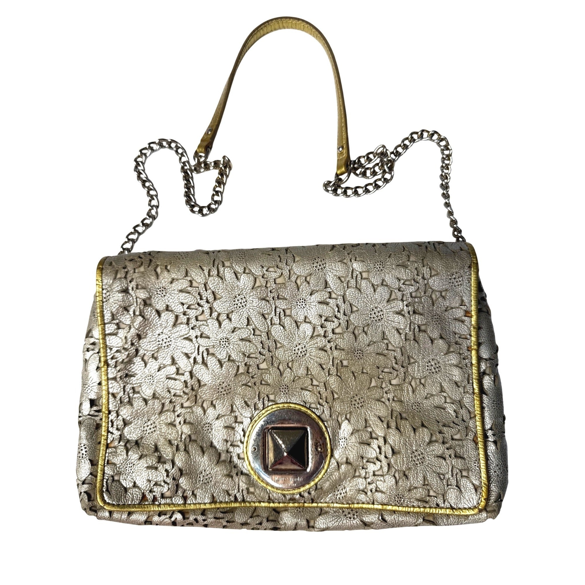Kate Spade Gold Floral Laser-Cut Leather Crossbody Bag With Chain Strap