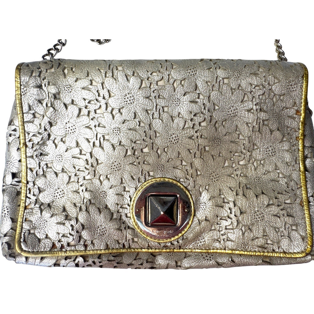 Kate Spade Gold Floral Laser-Cut Leather Crossbody Bag With Chain Strap
