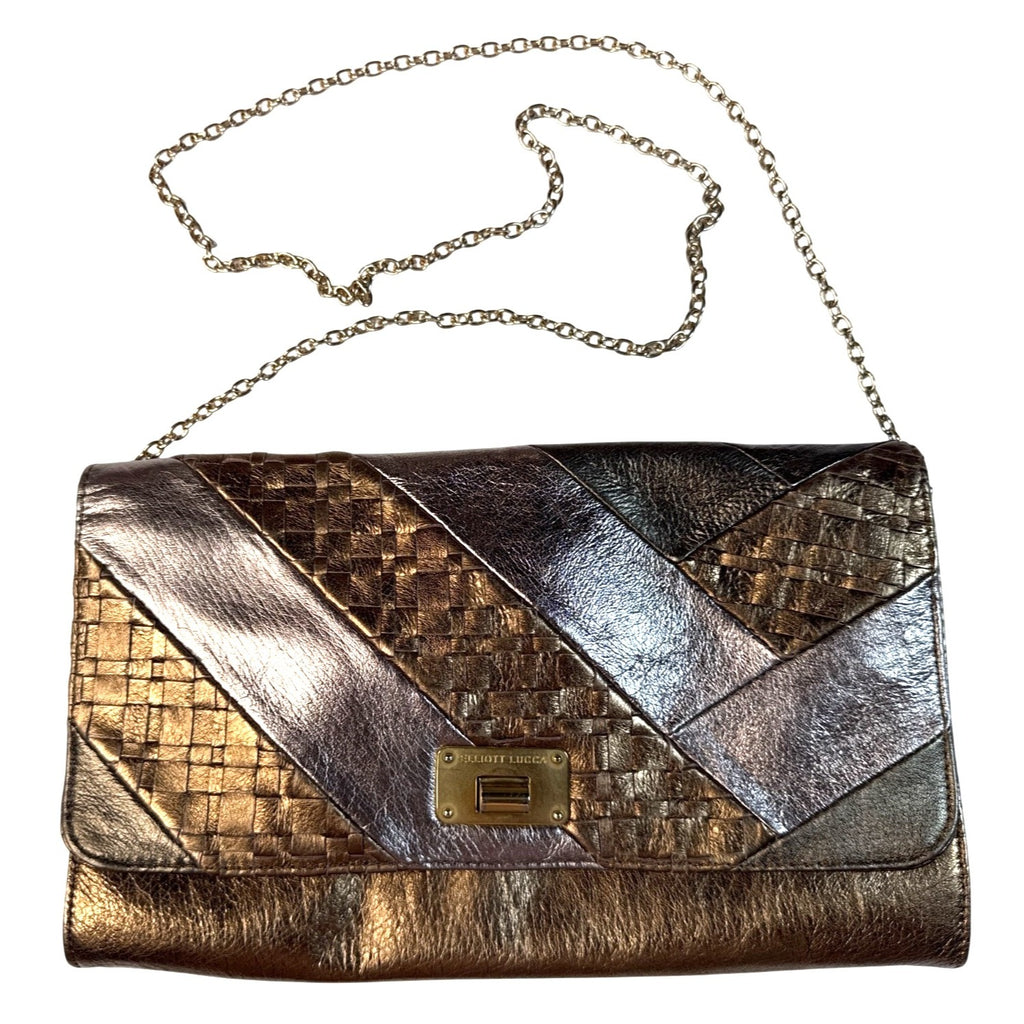 Elliott Lucca Metallic Bronze Woven Leather Chain Clutch Crossbody Bag 11"x7"