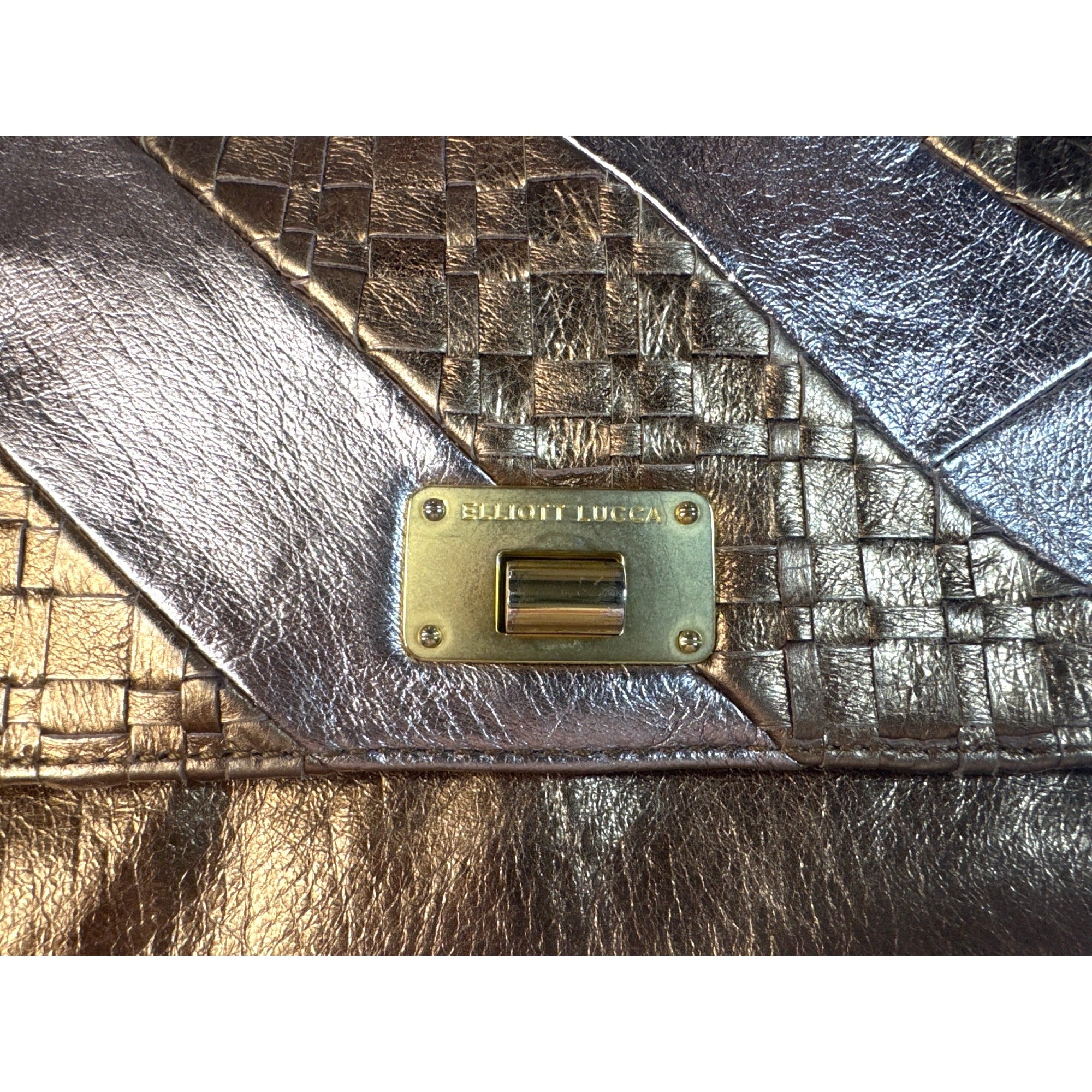 Elliott Lucca Metallic Bronze Woven Leather Chain Clutch Crossbody Bag 11"x7"