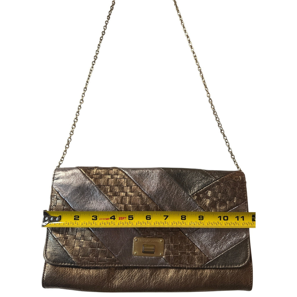Elliott Lucca Metallic Bronze Woven Leather Chain Clutch Crossbody Bag 11"x7"