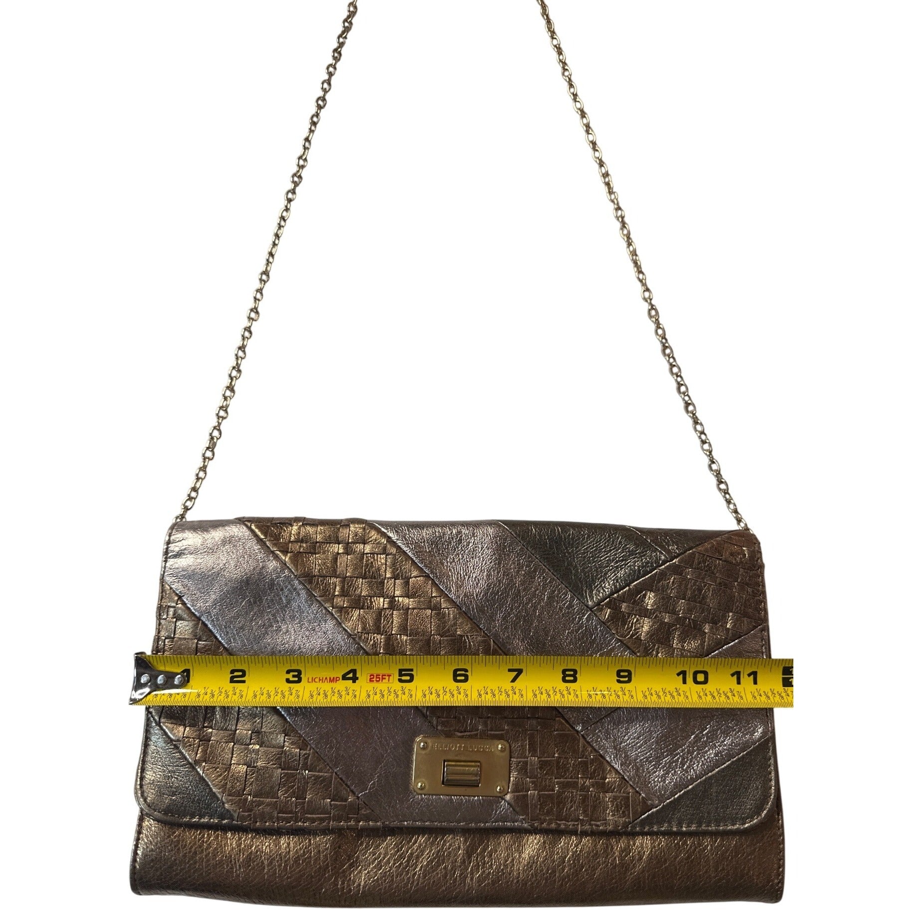 Elliott Lucca Metallic Bronze Woven Leather Chain Clutch Crossbody Bag 11"x7"