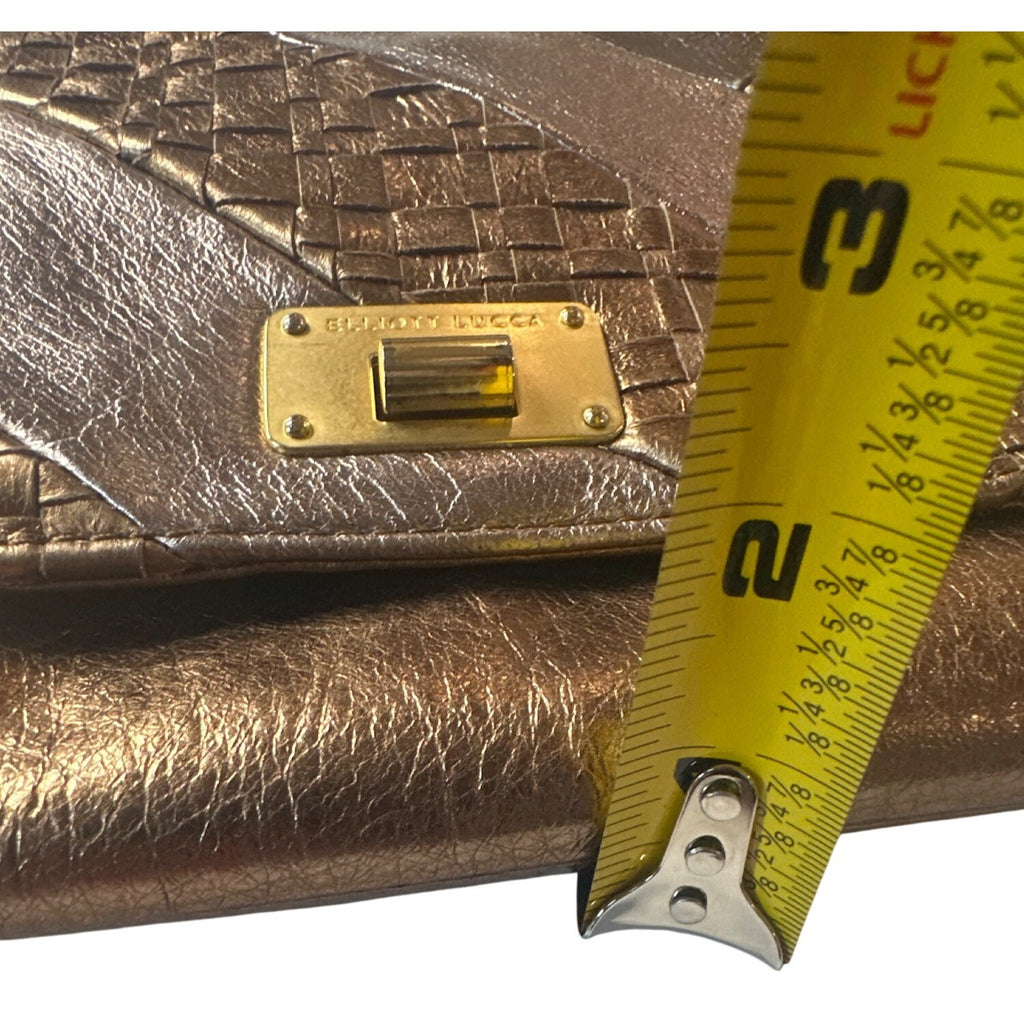Elliott Lucca Metallic Bronze Woven Leather Chain Clutch Crossbody Bag 11"x7"