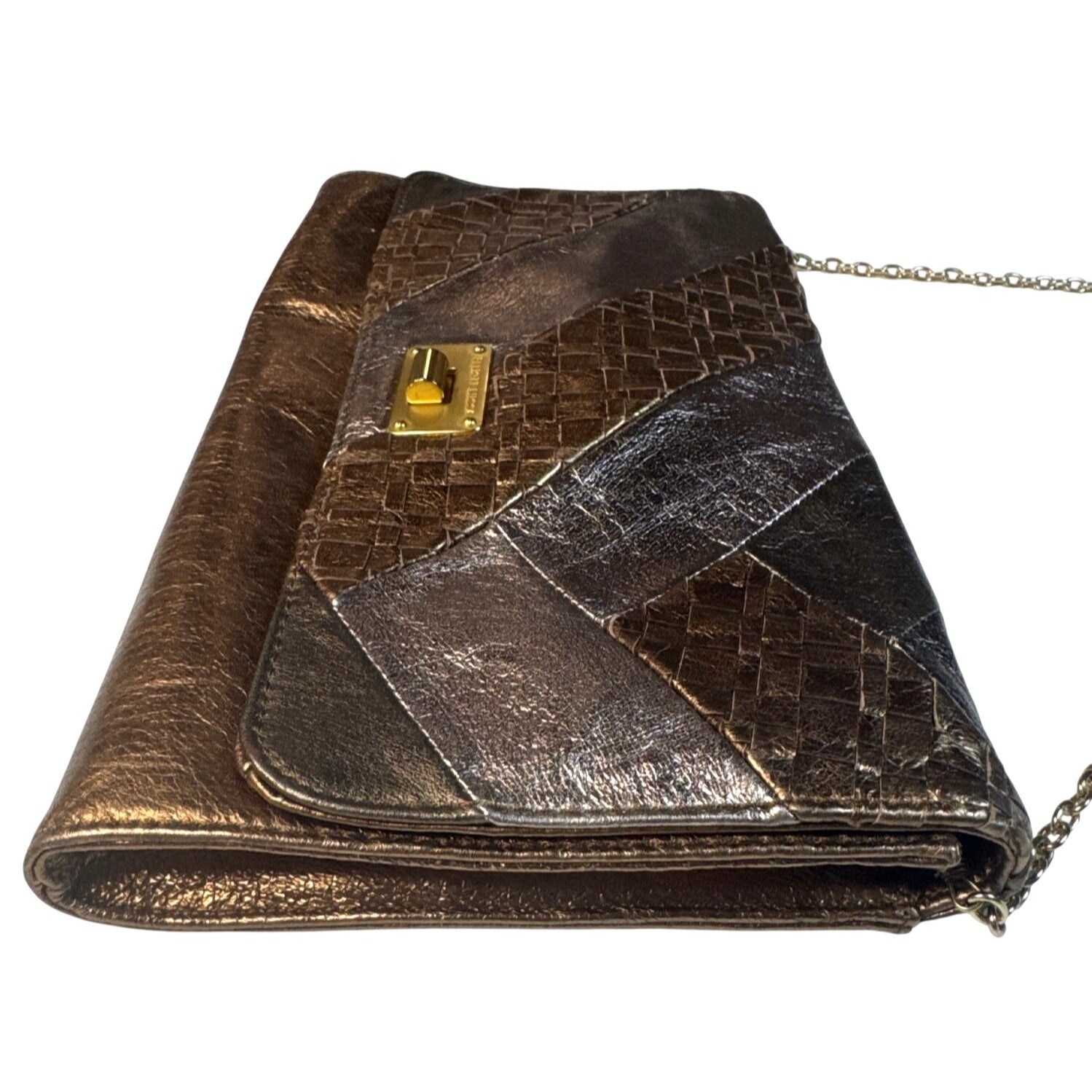 Elliott Lucca Metallic Bronze Woven Leather Chain Clutch Crossbody Bag 11"x7"