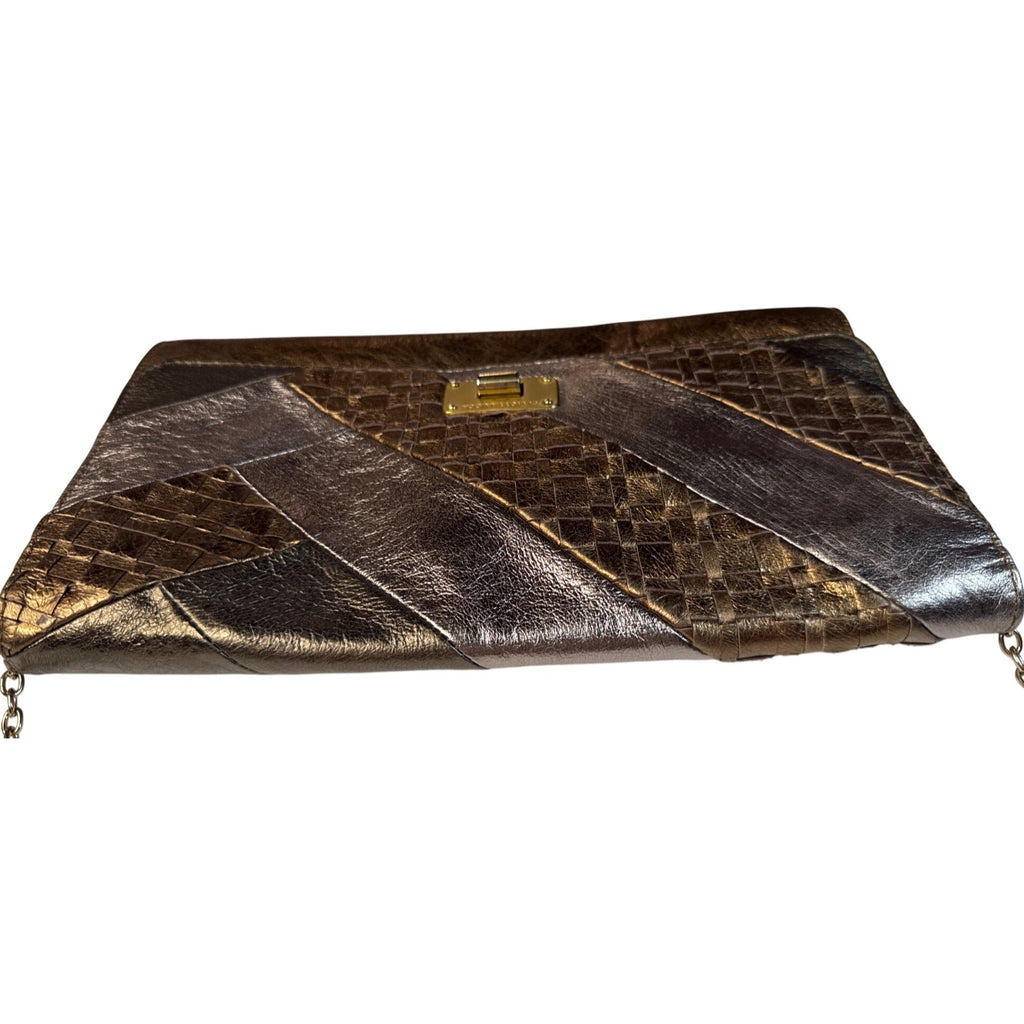 Elliott Lucca Metallic Bronze Woven Leather Chain Clutch Crossbody Bag 11"x7"