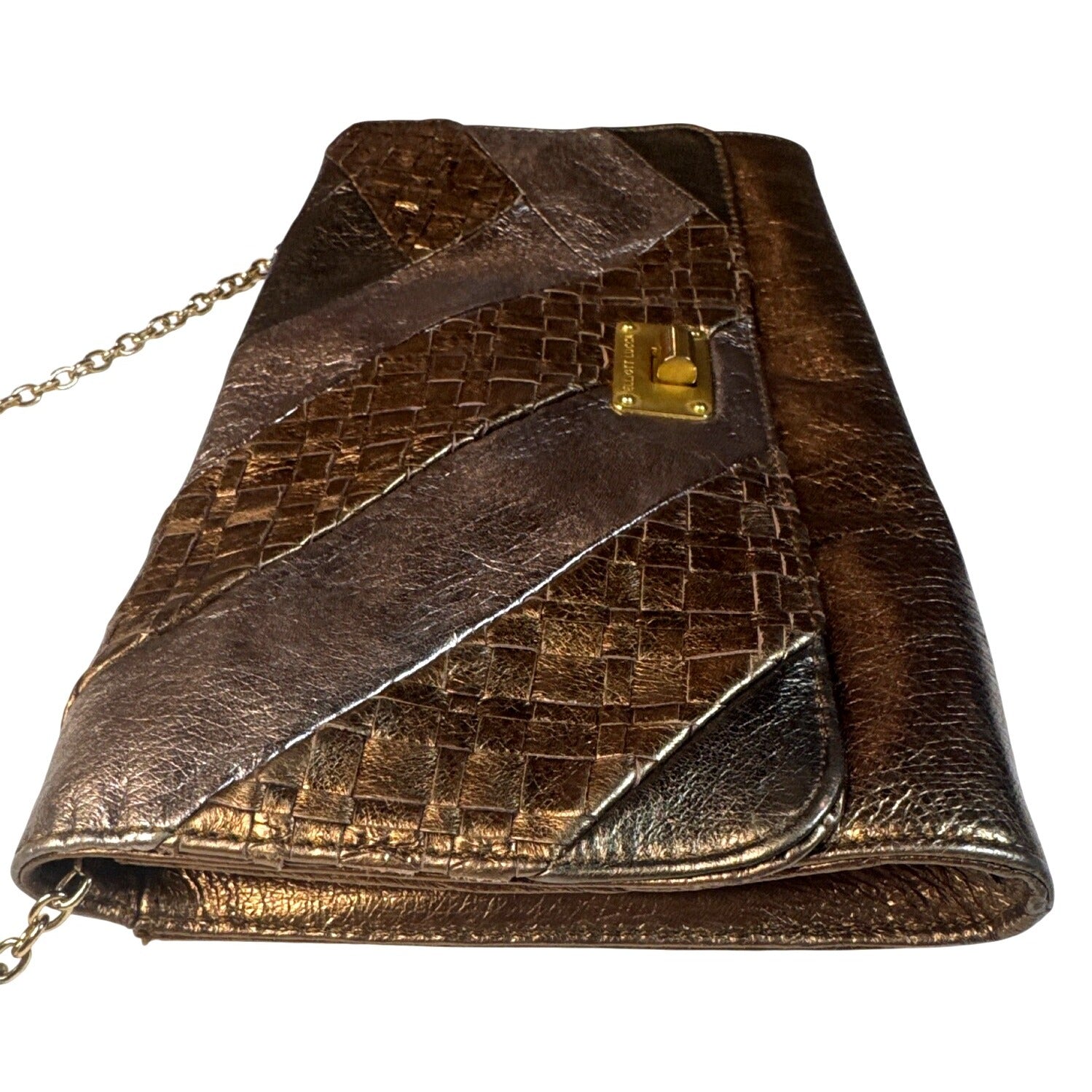 Elliott Lucca Metallic Bronze Woven Leather Chain Clutch Crossbody Bag 11"x7"