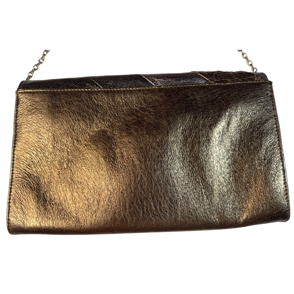Elliott Lucca Metallic Bronze Woven Leather Chain Clutch Crossbody Bag 11"x7"