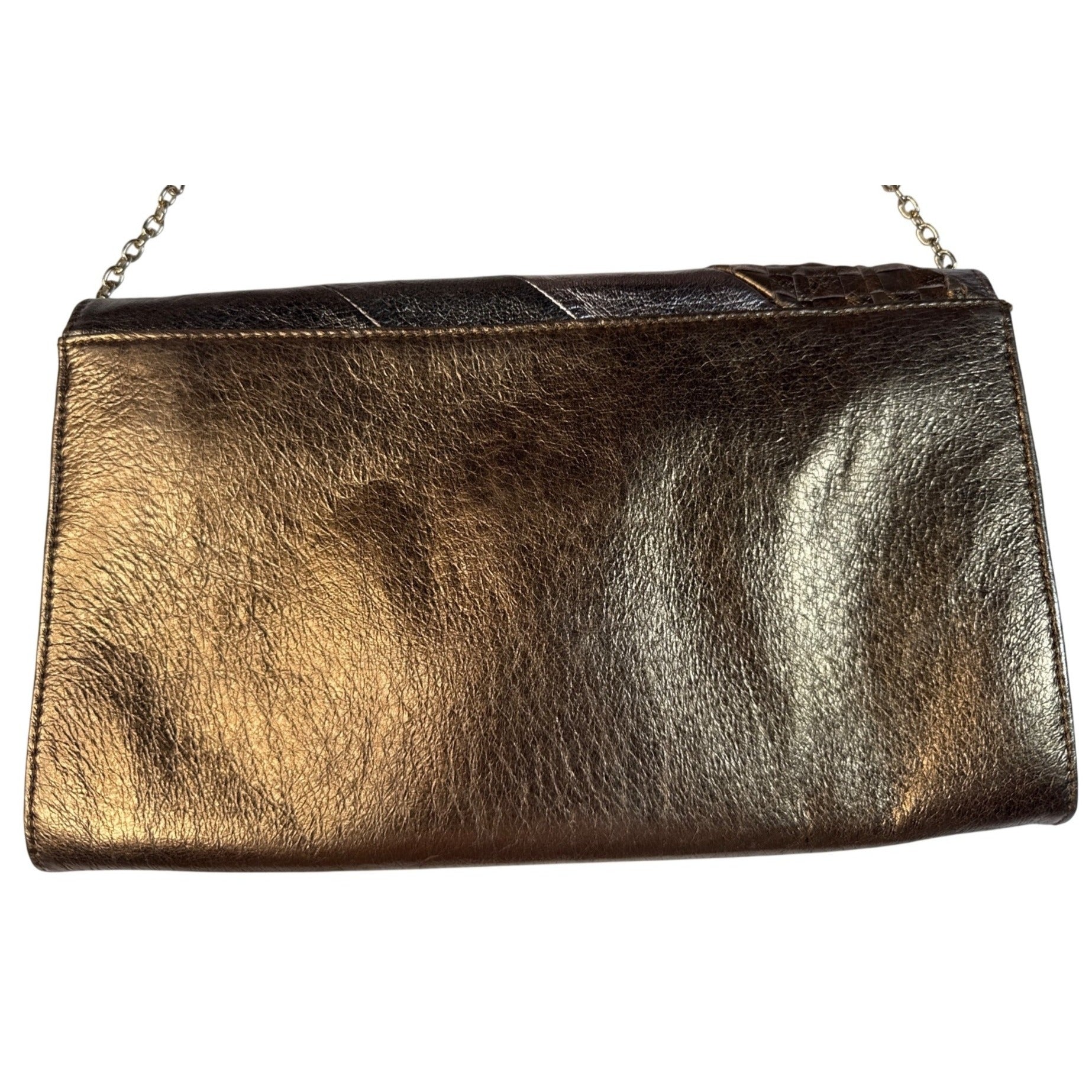 Elliott Lucca Metallic Bronze Woven Leather Chain Clutch Crossbody Bag 11"x7"