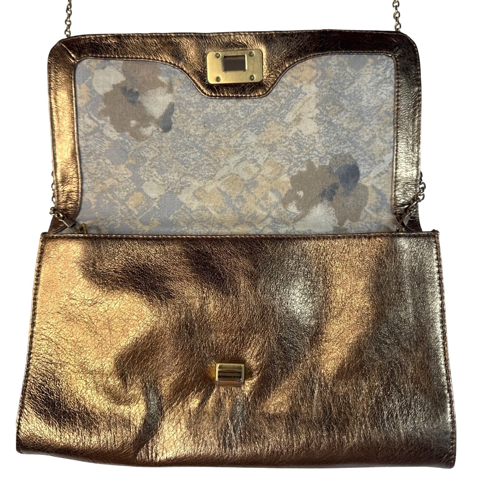 Elliott Lucca Metallic Bronze Woven Leather Chain Clutch Crossbody Bag 11"x7"
