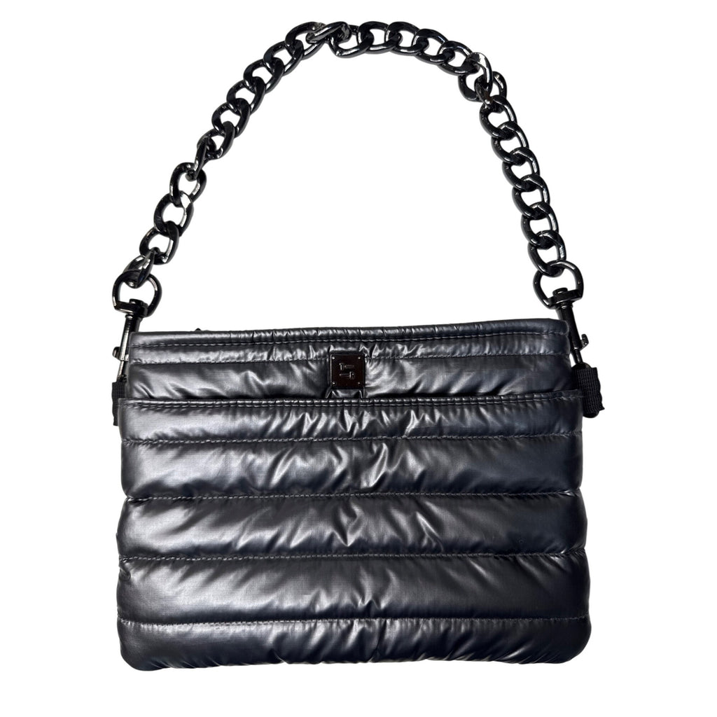 Think Royln Quilted Metallic Black Bum Bag 2.0 With Chain Strap & Zipper Closure For Trendy Everyday Use