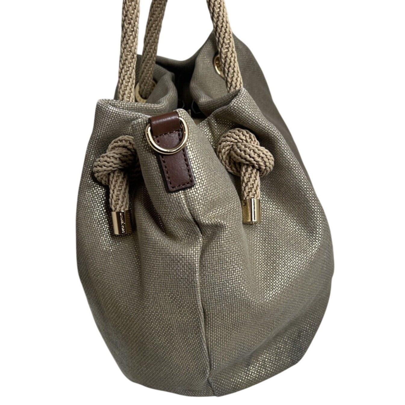 Michael Kors Gold Canvas Bucket Bag With Rope Handles & Gold Accents