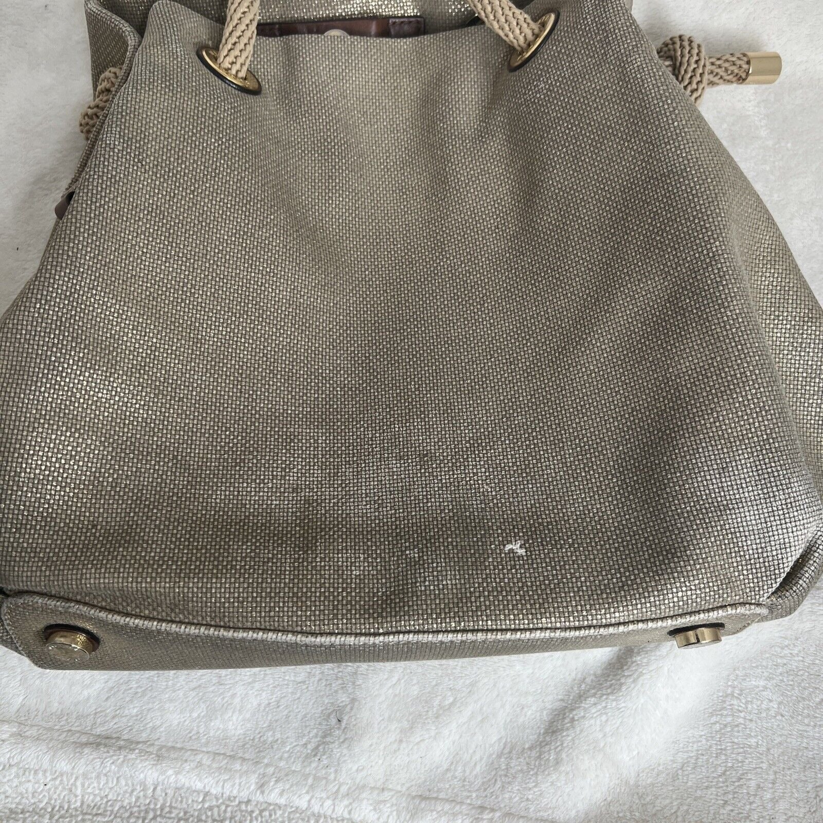 Michael Kors Gold Canvas Bucket Bag With Rope Handles & Gold Accents