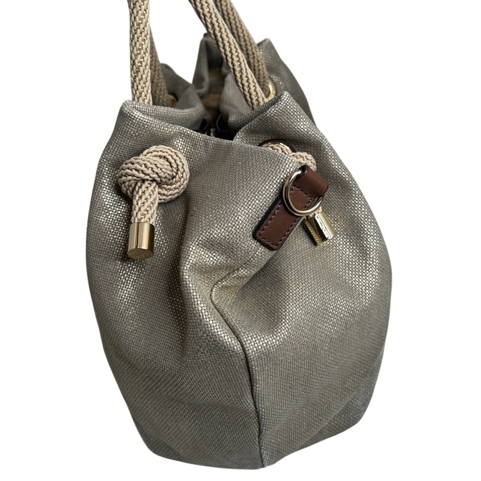 Michael Kors Gold Canvas Bucket Bag With Rope Handles & Gold Accents
