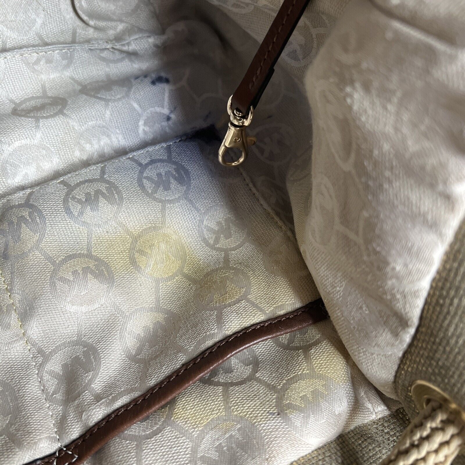 Michael Kors Gold Canvas Bucket Bag With Rope Handles & Gold Accents
