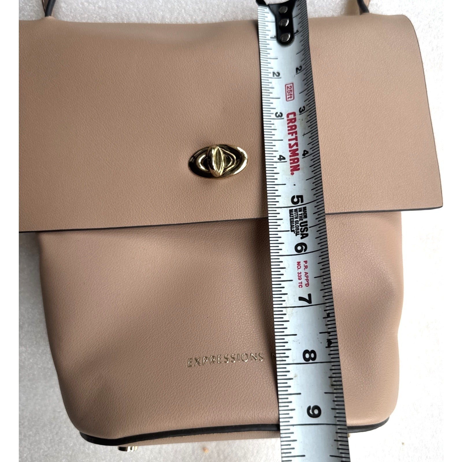Expressions NYC Beige Faux Leather Crossbody Bag Adjustable Strap Gold-Tone