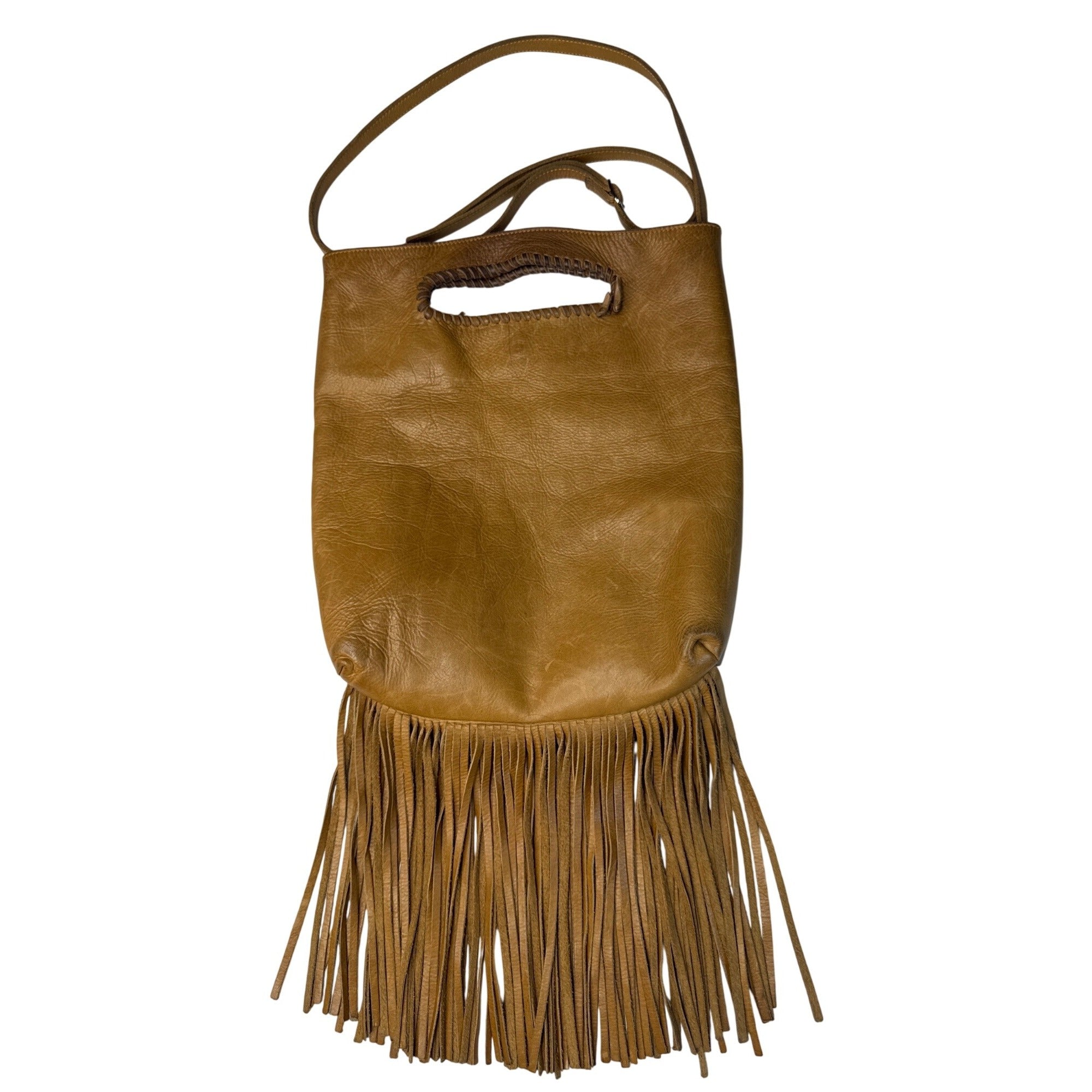 Jennifer Haley Tan Leather Fringe Crossbody Tote With Inner Pockets
