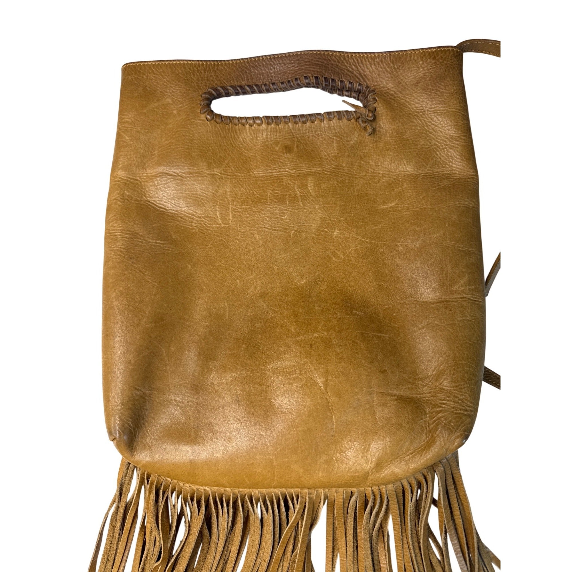 Jennifer Haley Tan Leather Fringe Crossbody Tote With Inner Pockets