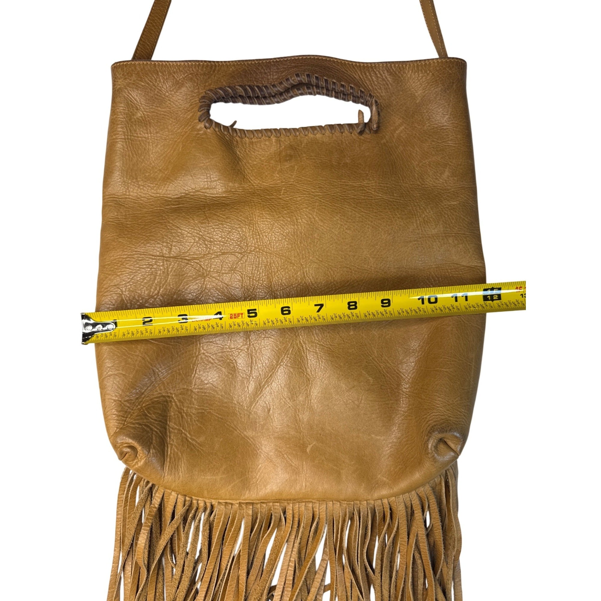 Jennifer Haley Tan Leather Fringe Crossbody Tote With Inner Pockets