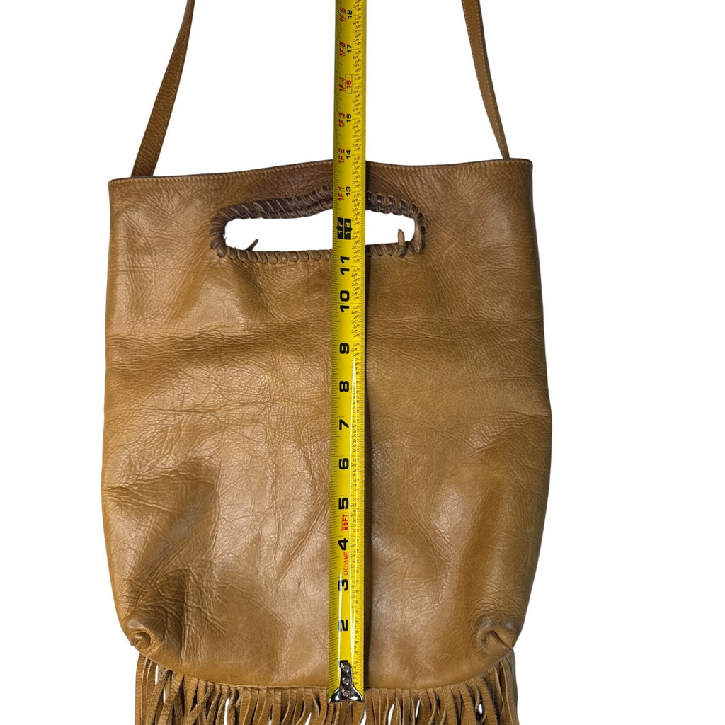 Jennifer Haley Tan Leather Fringe Crossbody Tote With Inner Pockets
