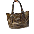 Croc-Embossed Brown Faux Leather Tote With Double Buckle Handles & Glossy Finish 10" Tall