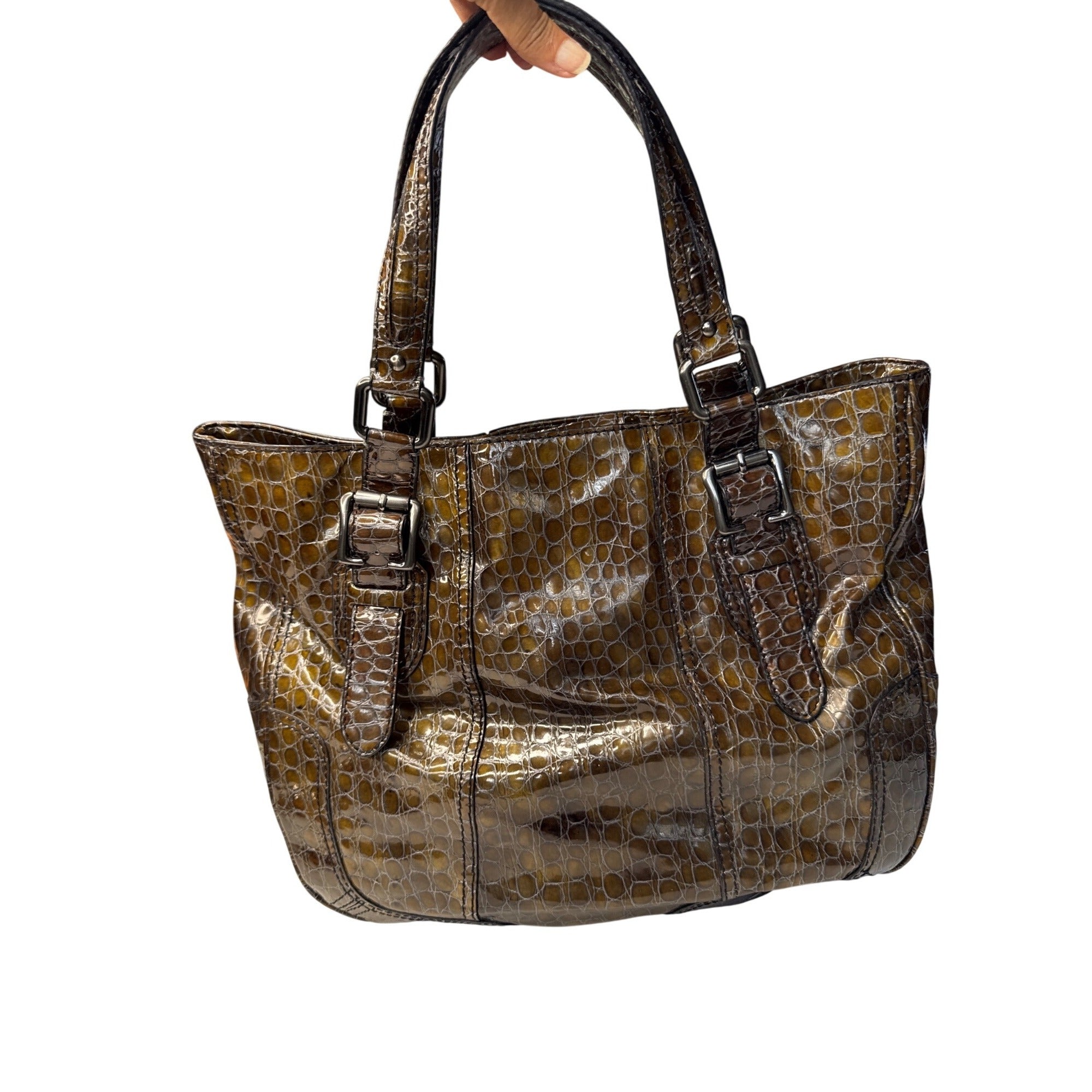 Croc-Embossed Brown Faux Leather Tote With Double Buckle Handles & Glossy Finish 10" Tall