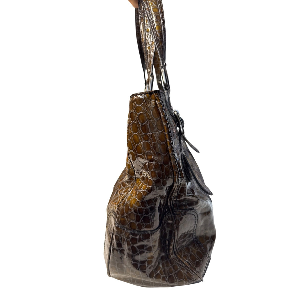 Croc-Embossed Brown Faux Leather Tote With Double Buckle Handles & Glossy Finish 10" Tall