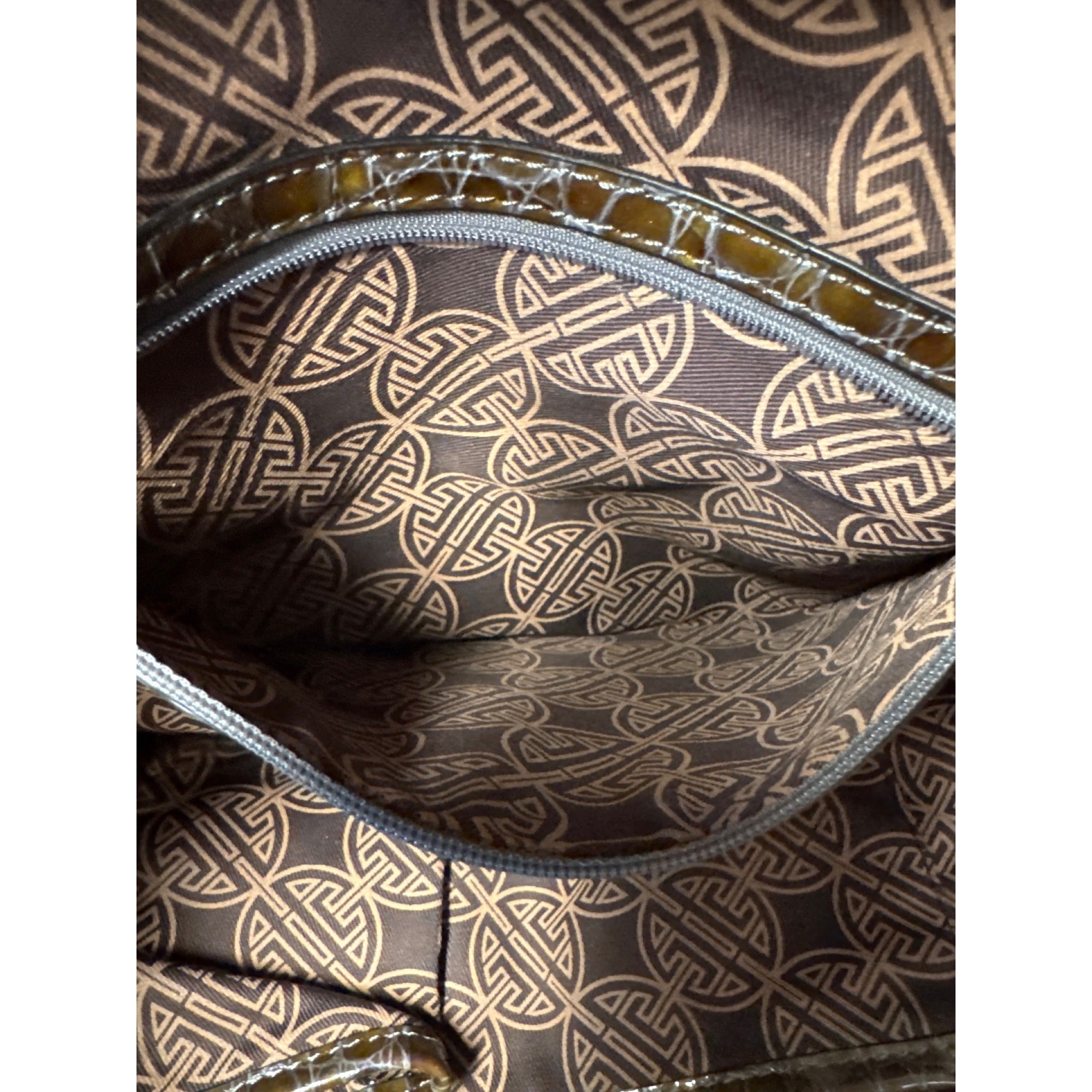Croc-Embossed Brown Faux Leather Tote With Double Buckle Handles & Glossy Finish 10" Tall