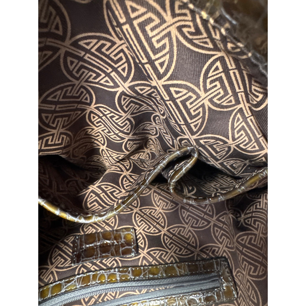 Croc-Embossed Brown Faux Leather Tote With Double Buckle Handles & Glossy Finish 10" Tall