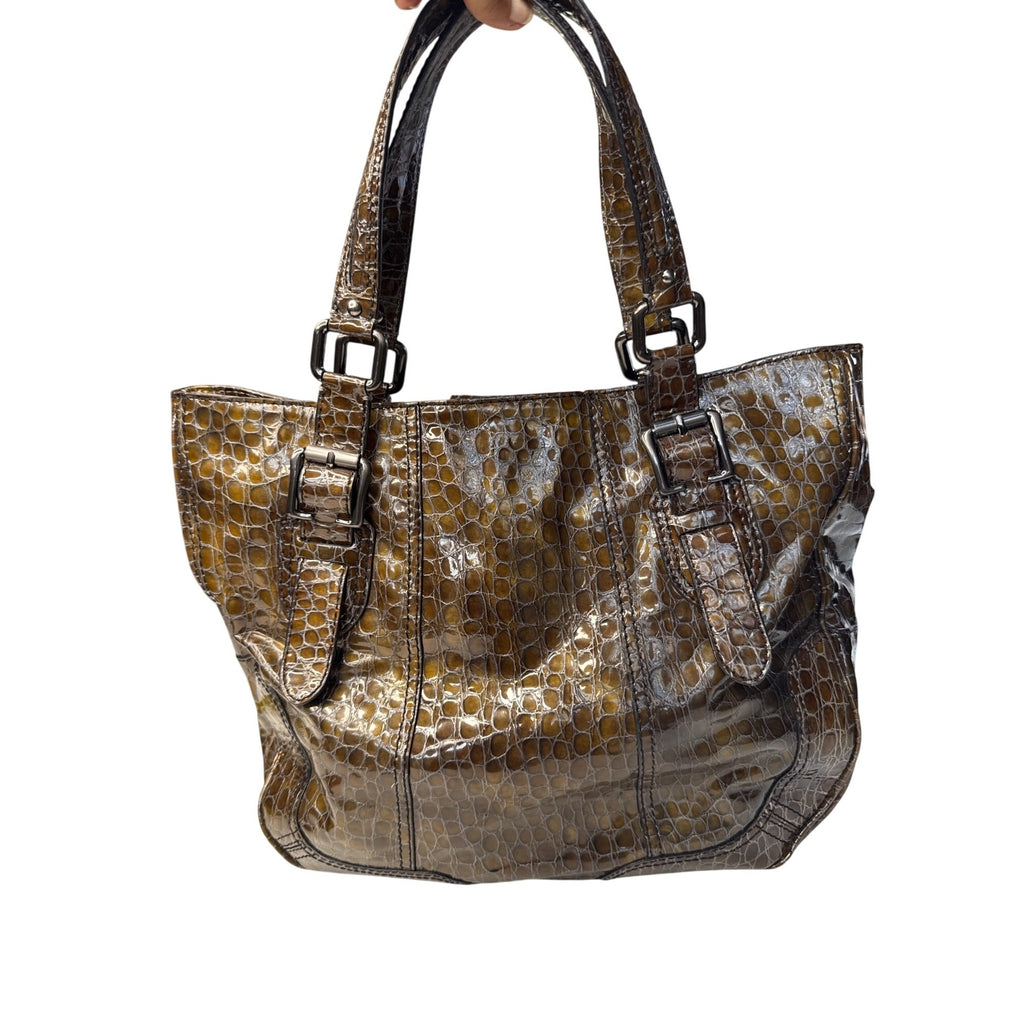Croc-Embossed Brown Faux Leather Tote With Double Buckle Handles & Glossy Finish 10" Tall