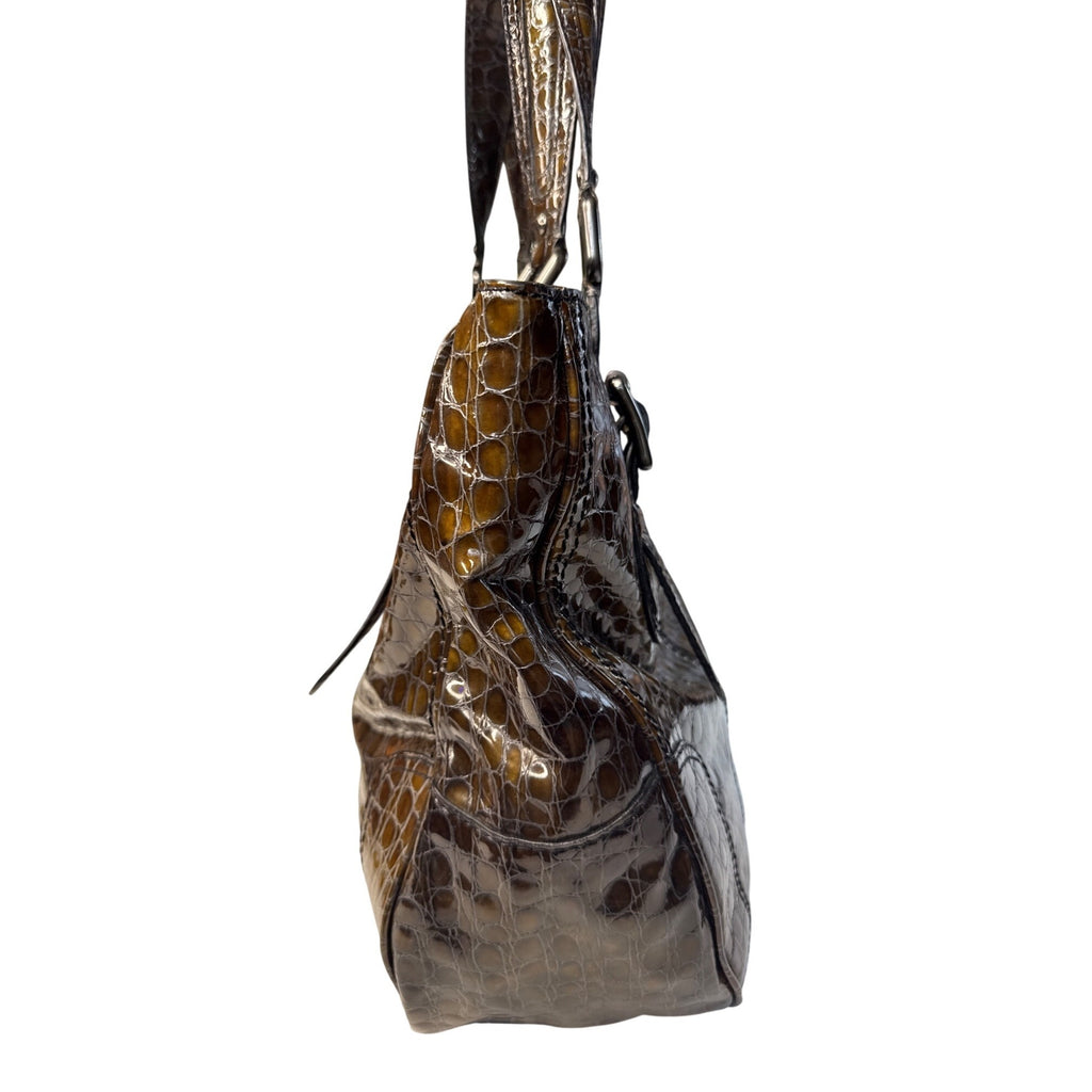 Croc-Embossed Brown Faux Leather Tote With Double Buckle Handles & Glossy Finish 10" Tall