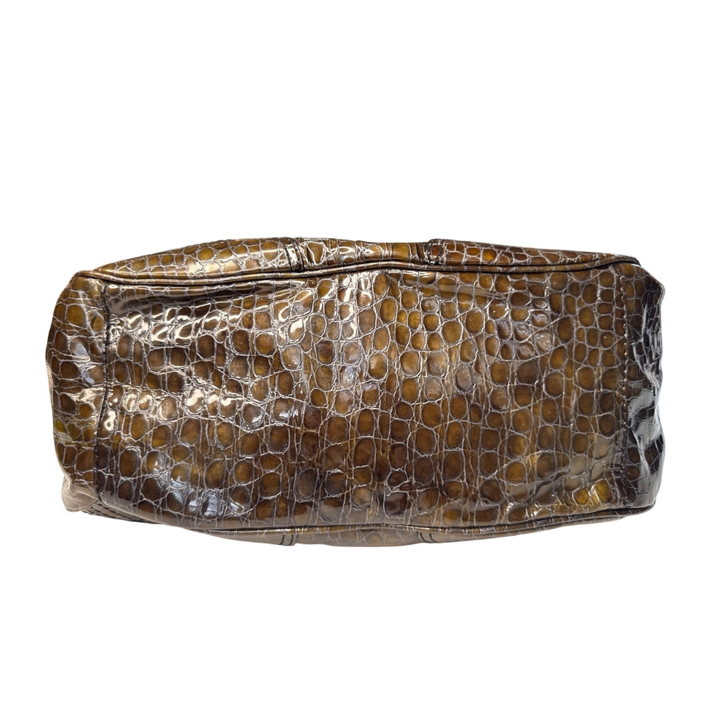 Croc-Embossed Brown Faux Leather Tote With Double Buckle Handles & Glossy Finish 10" Tall
