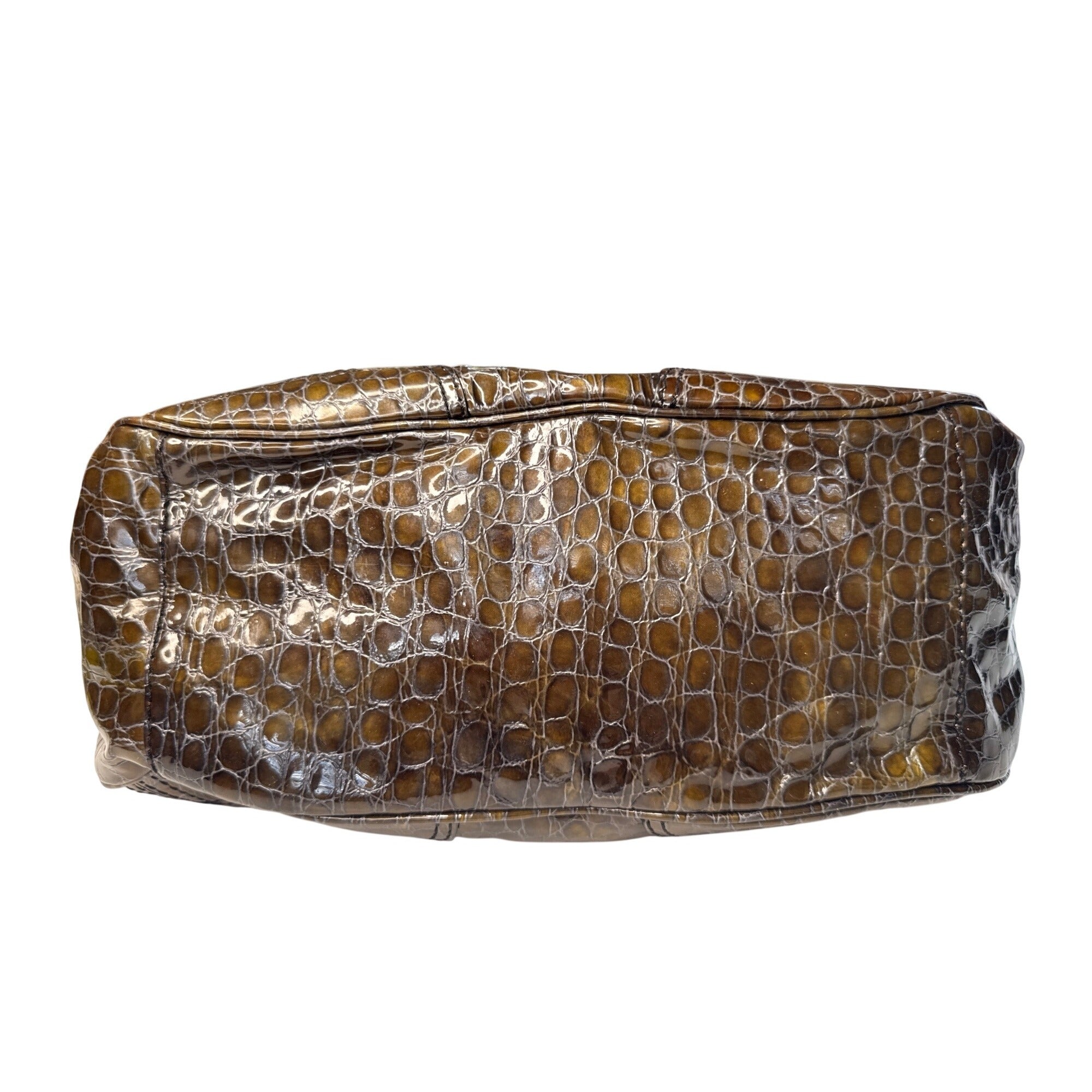 Croc-Embossed Brown Faux Leather Tote With Double Buckle Handles & Glossy Finish 10" Tall