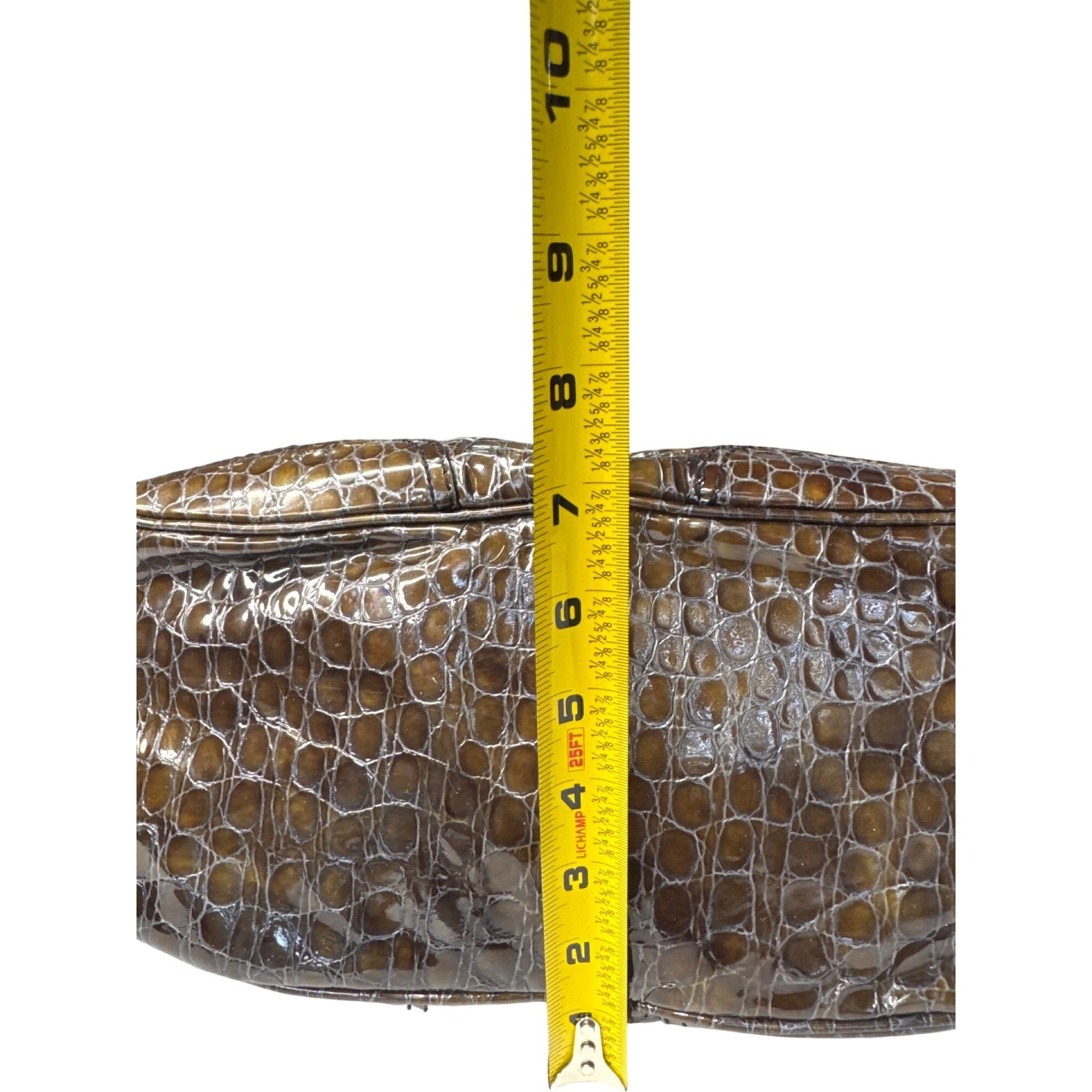Croc-Embossed Brown Faux Leather Tote With Double Buckle Handles & Glossy Finish 10" Tall