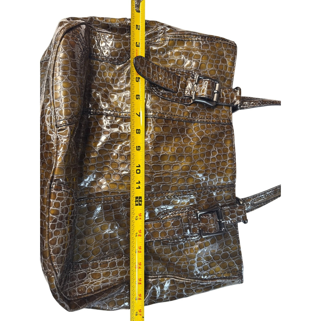 Croc-Embossed Brown Faux Leather Tote With Double Buckle Handles & Glossy Finish 10" Tall