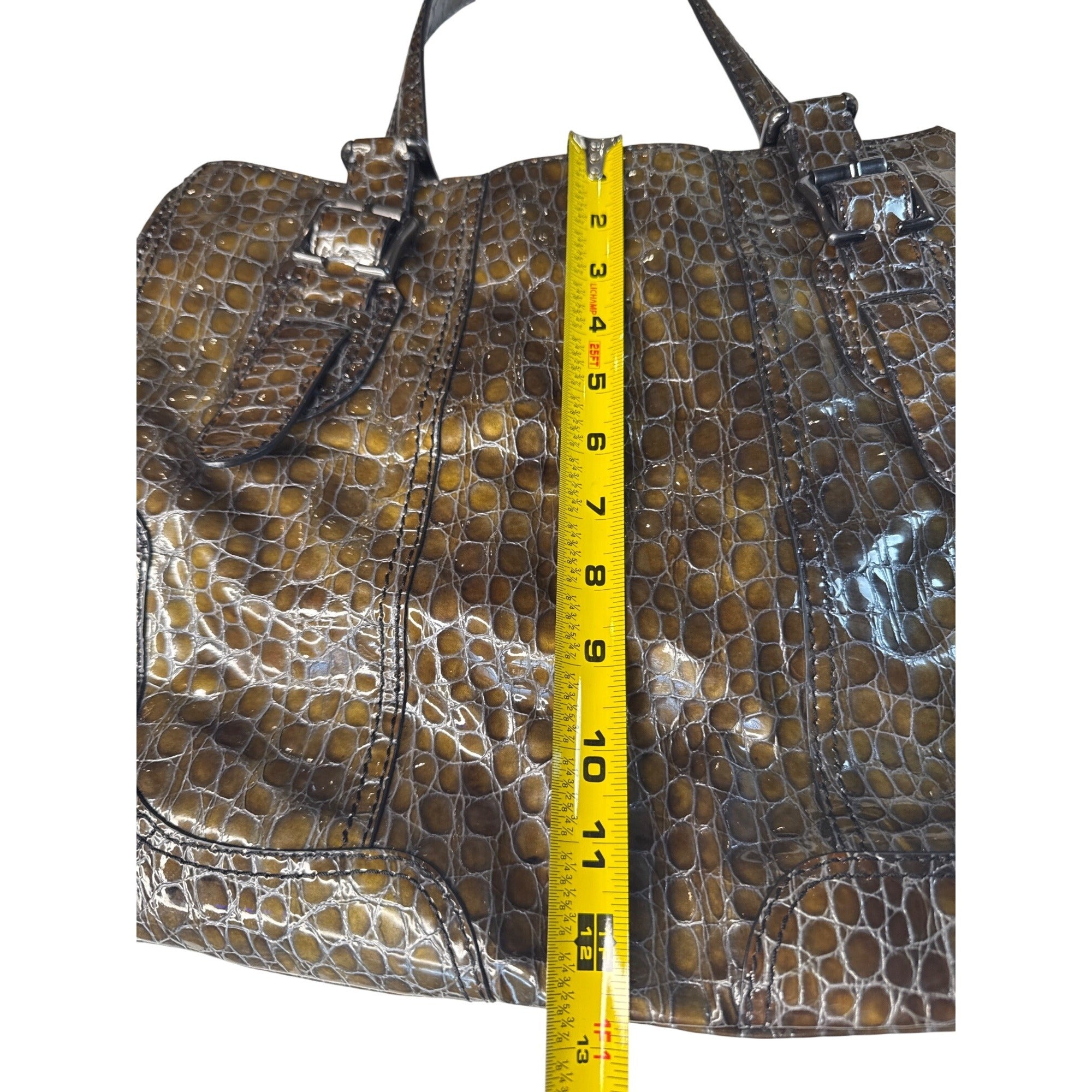 Croc-Embossed Brown Faux Leather Tote With Double Buckle Handles & Glossy Finish 10" Tall