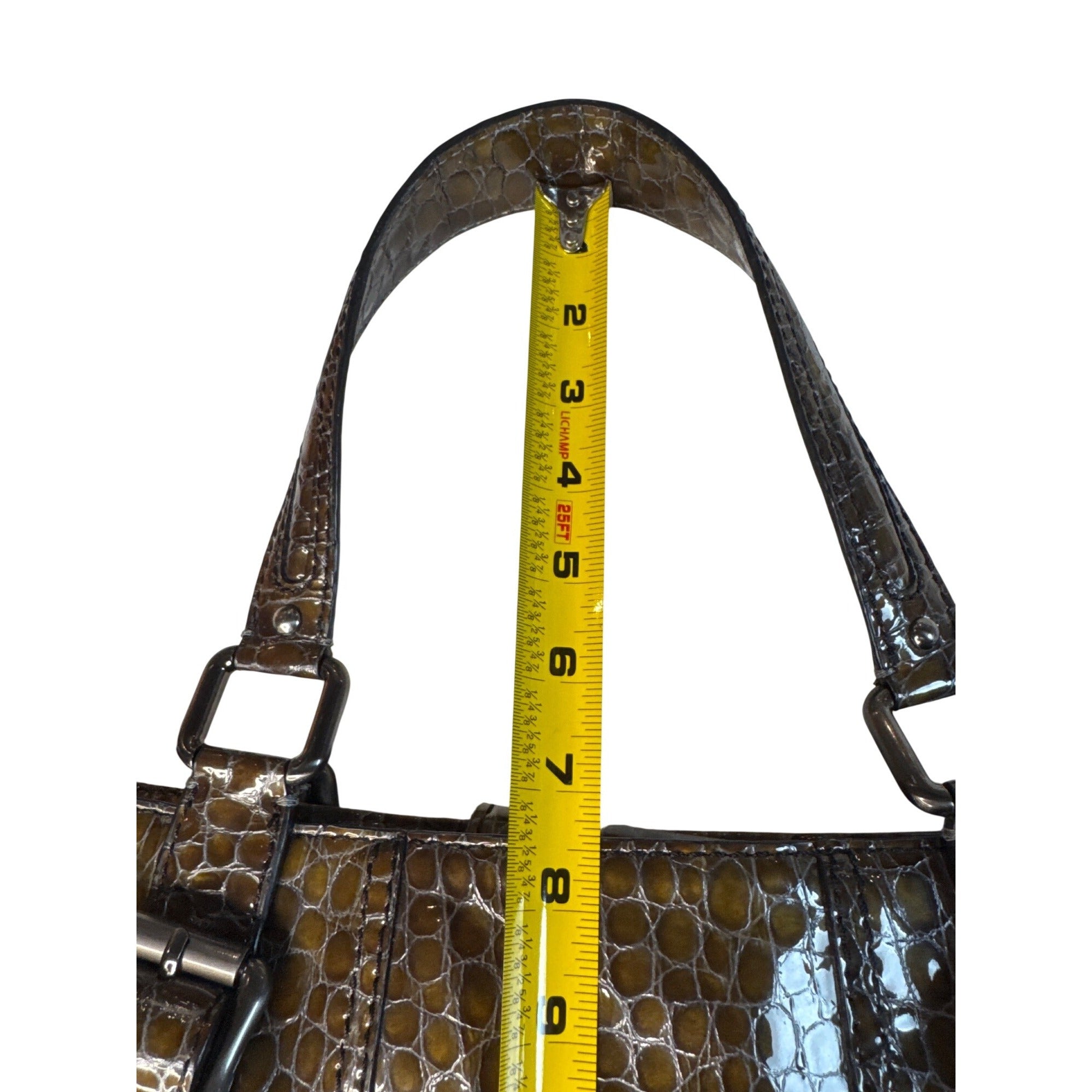 Croc-Embossed Brown Faux Leather Tote With Double Buckle Handles & Glossy Finish 10" Tall
