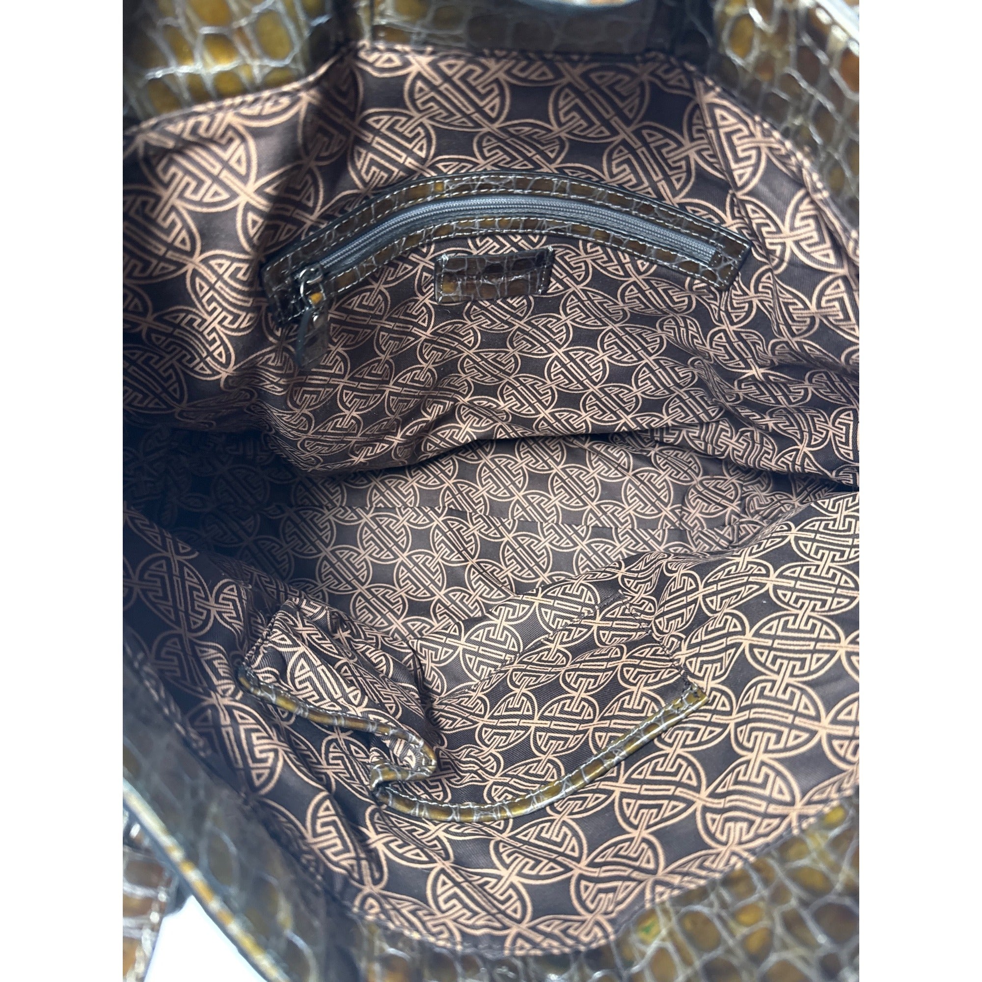Croc-Embossed Brown Faux Leather Tote With Double Buckle Handles & Glossy Finish 10" Tall