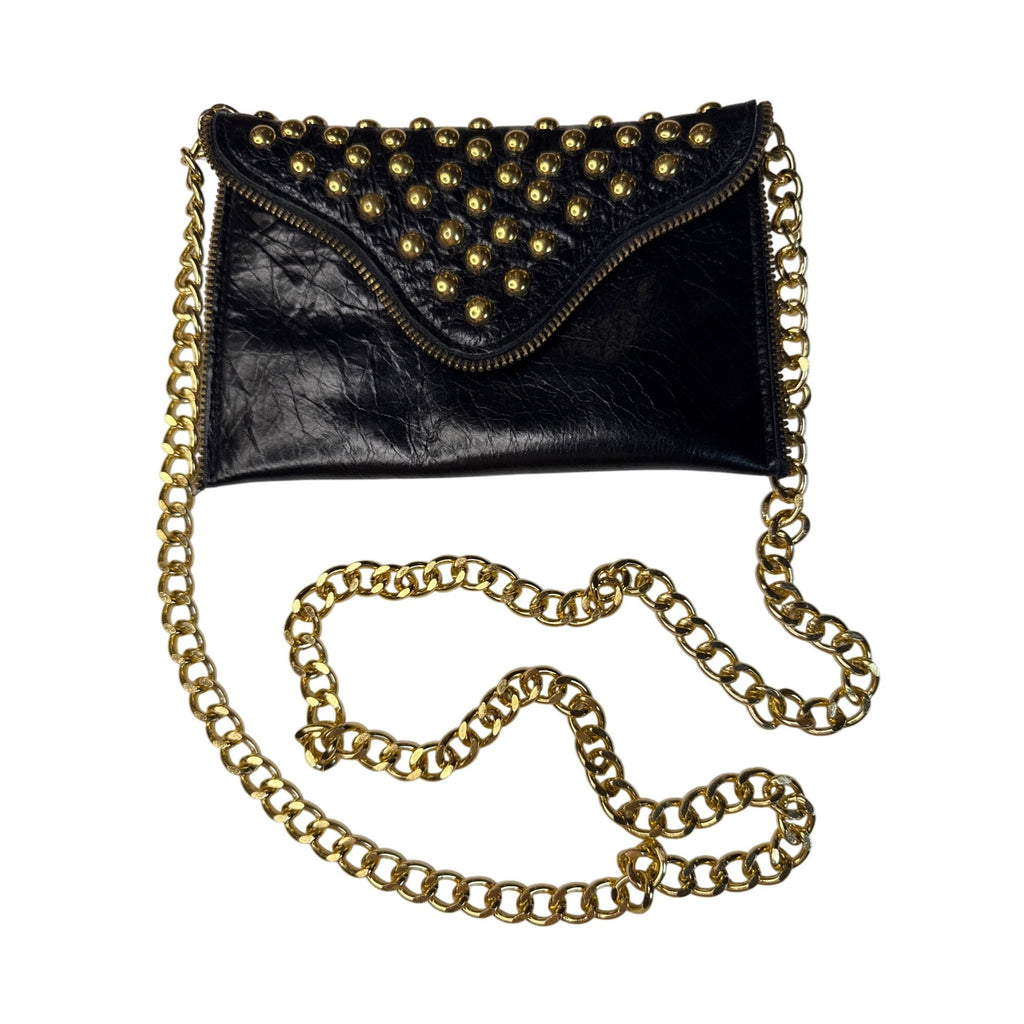 JJ Winters Black Leather Studded Crossbody Bag With Gold Chain Strap
