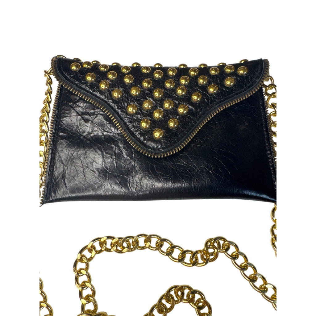 JJ Winters Black Leather Studded Crossbody Bag With Gold Chain Strap