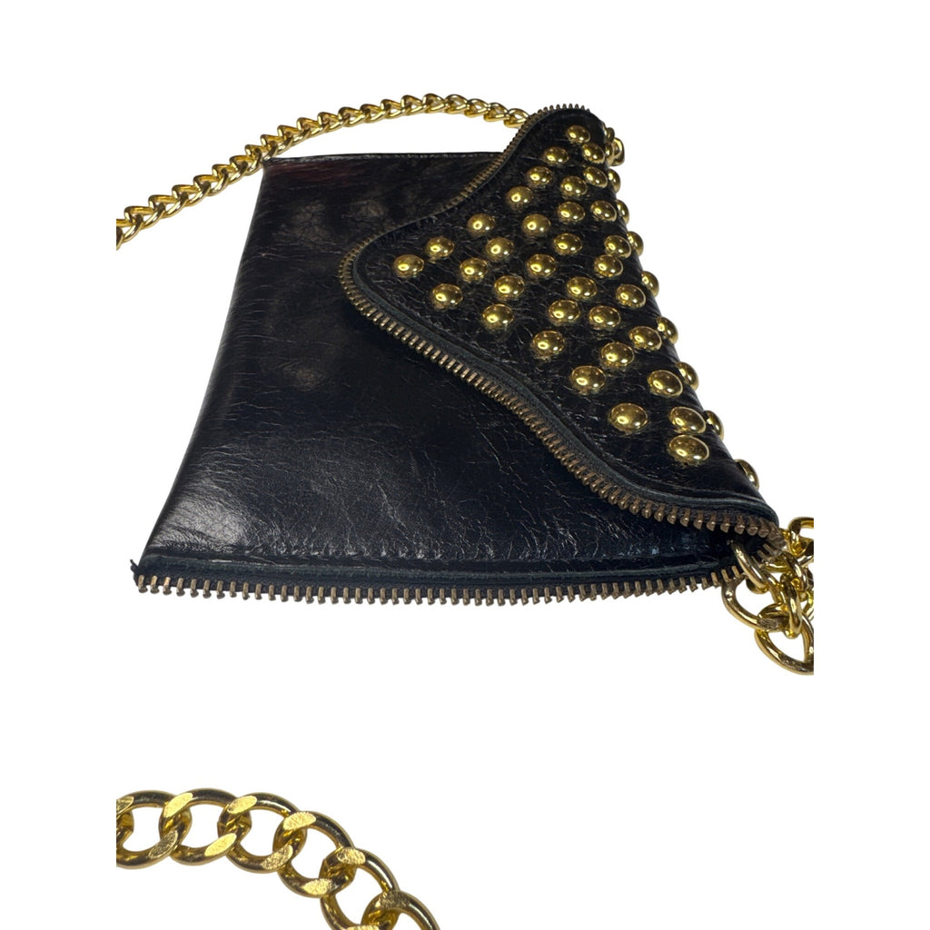 JJ Winters Black Leather Studded Crossbody Bag With Gold Chain Strap