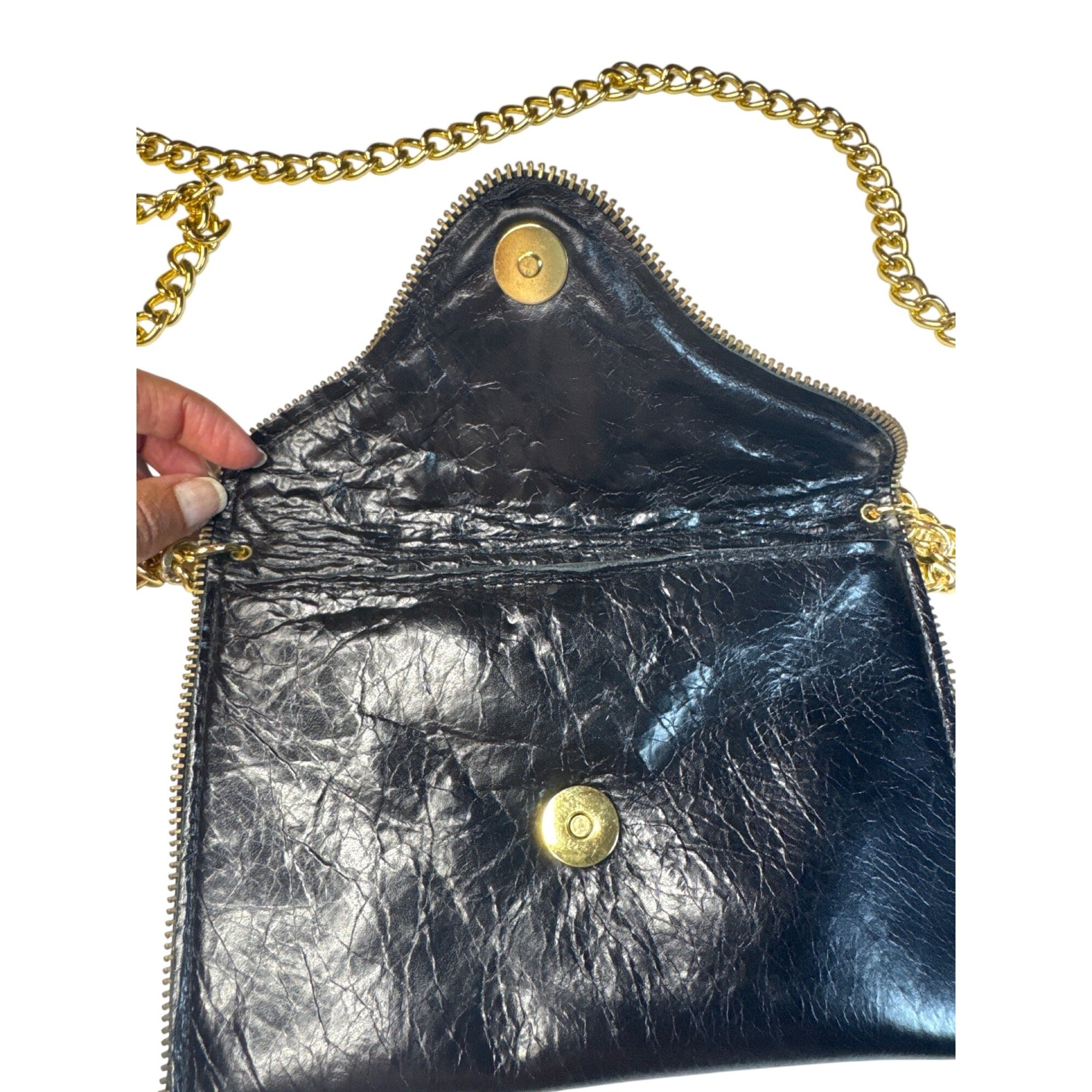 JJ Winters Black Leather Studded Crossbody Bag With Gold Chain Strap