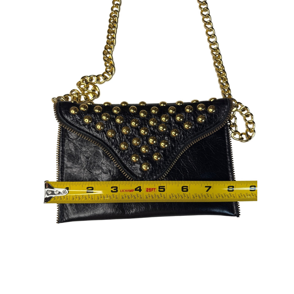 JJ Winters Black Leather Studded Crossbody Bag With Gold Chain Strap