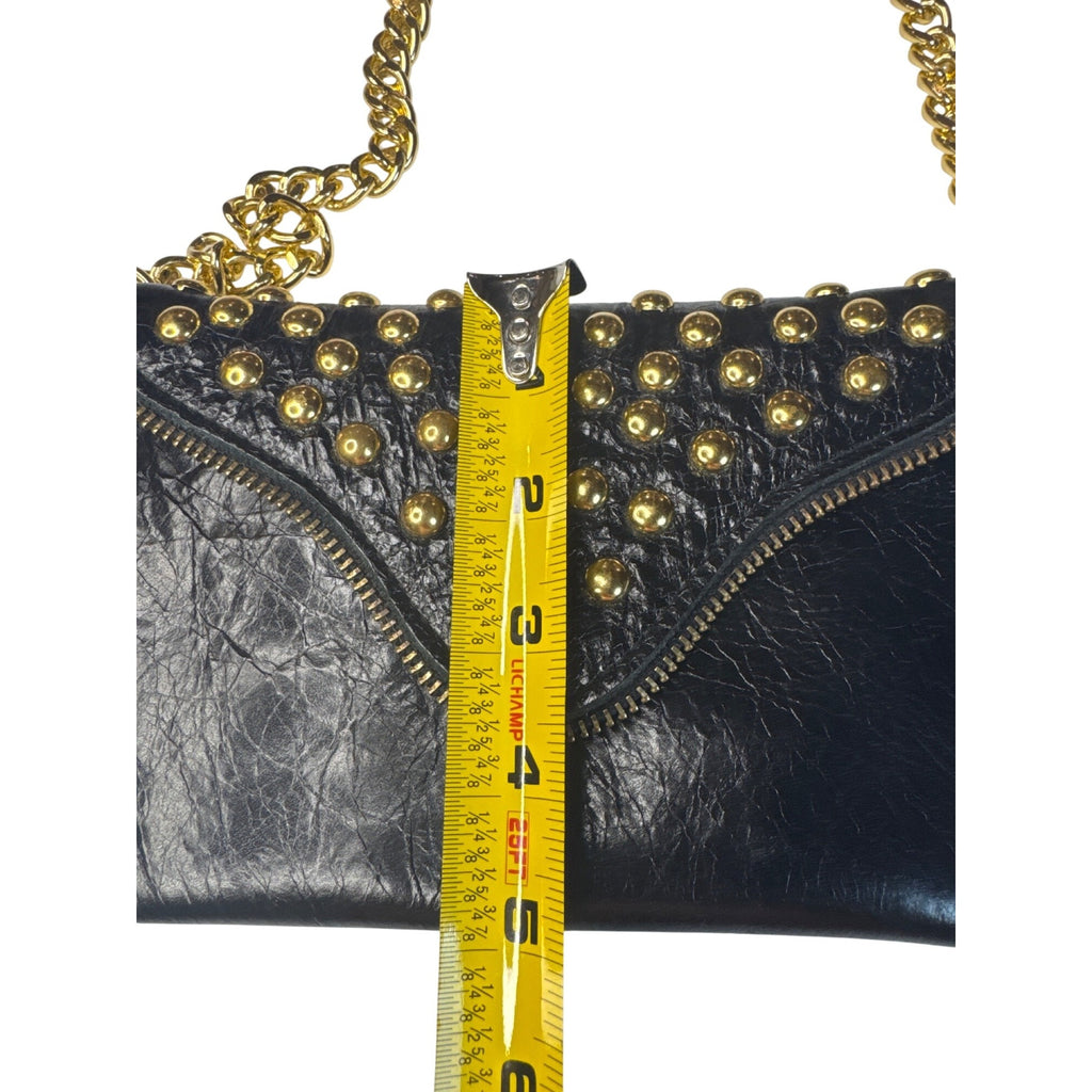 JJ Winters Black Leather Studded Crossbody Bag With Gold Chain Strap