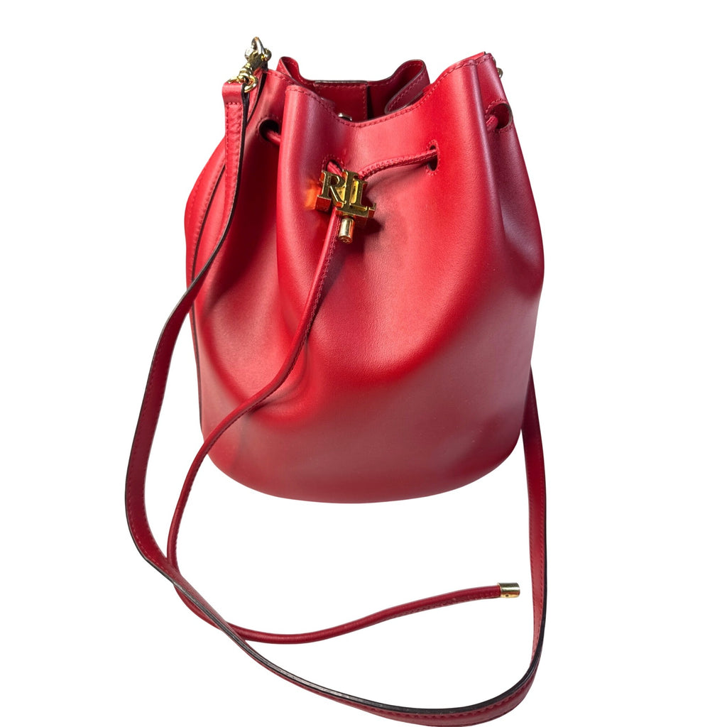 Lauren Ralph Lauren Red Leather Drawstring Bucket Bag W/Gold RL Detail 10"x10"