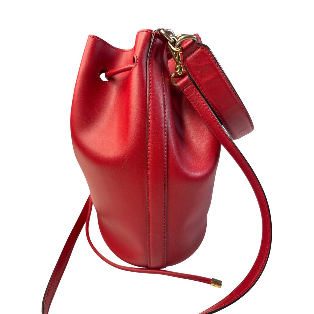 Lauren Ralph Lauren Red Leather Drawstring Bucket Bag W/Gold RL Detail 10"x10"