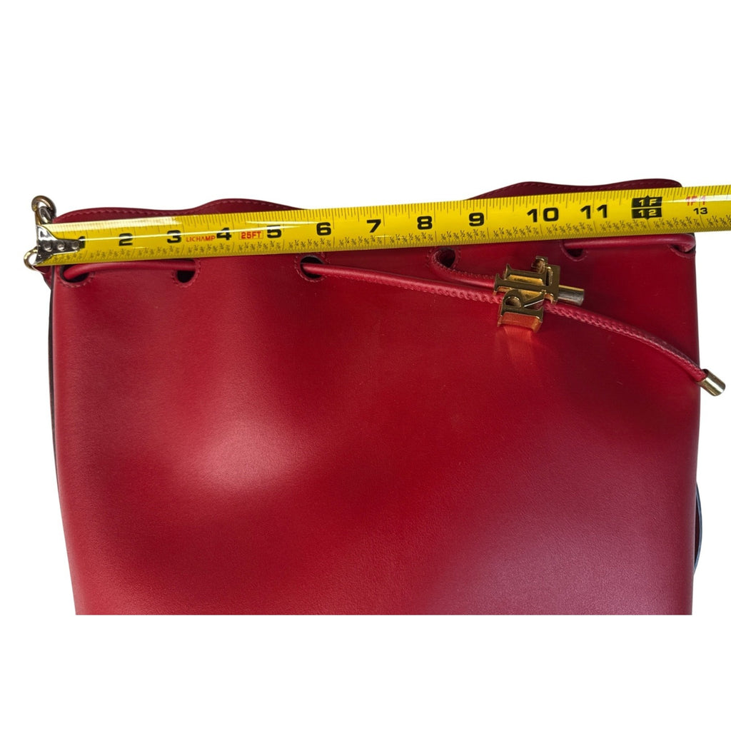 Lauren Ralph Lauren Red Leather Drawstring Bucket Bag W/Gold RL Detail 10"x10"